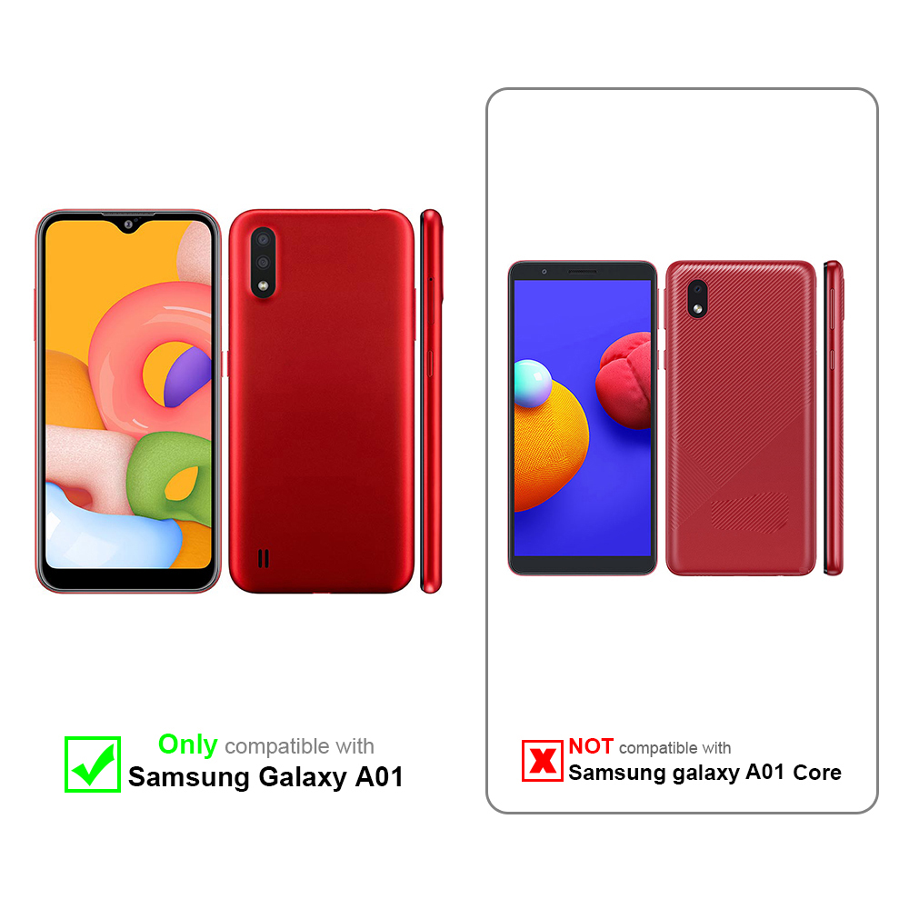 Zwei rote Telefone. Eines kompatibel mit Samsung Galaxy A01, das andere nicht kompatibel mit Samsung Galaxy A01 Core.