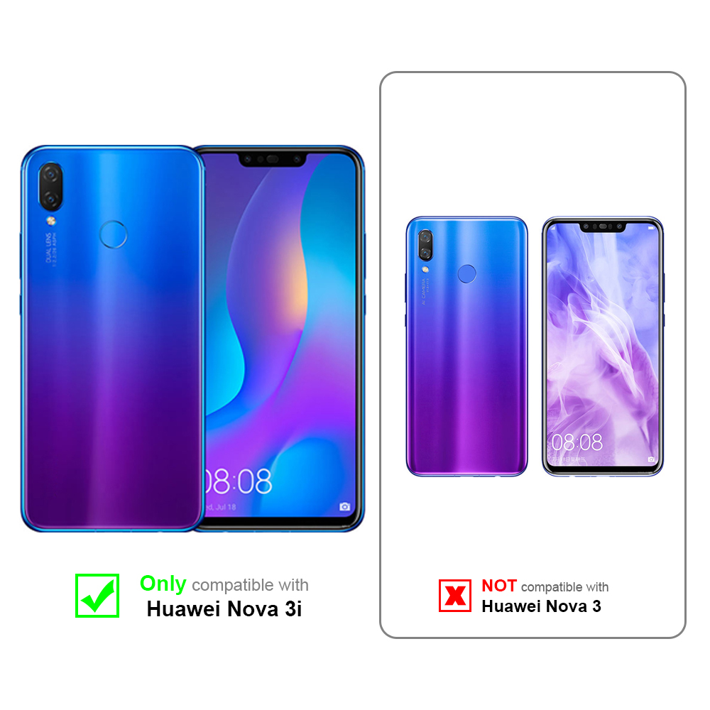 Zwei Telefone, eines blau und eines lila. Text zeigt die Kompatibilität mit Huawei Nova 3i an.