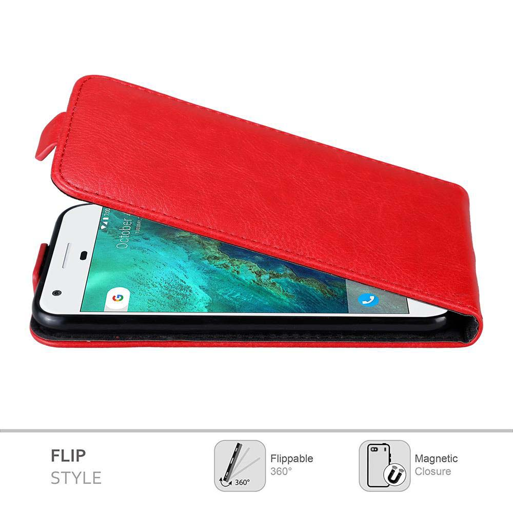 Custodia per telefono rossa in stile flip, aperta. Schermo del telefono visibile e icone che mostrano le funzioni flip.