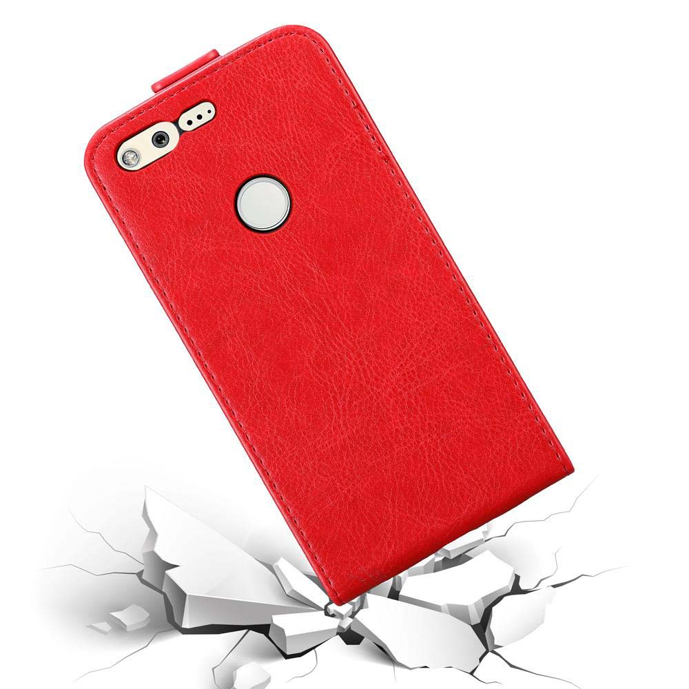 Custodia rossa per telefono, con fotocamera e flash. La custodia è angolata, con sfondo bianco crepato.