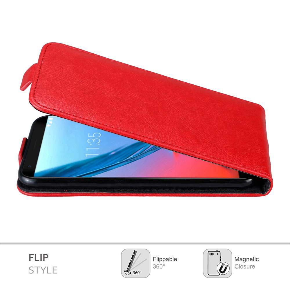 Custodia rossa con coperchio aperto, mostra lo schermo del telefono. Icone indicano 'Flip Style' e 'Magnetic Closure'.