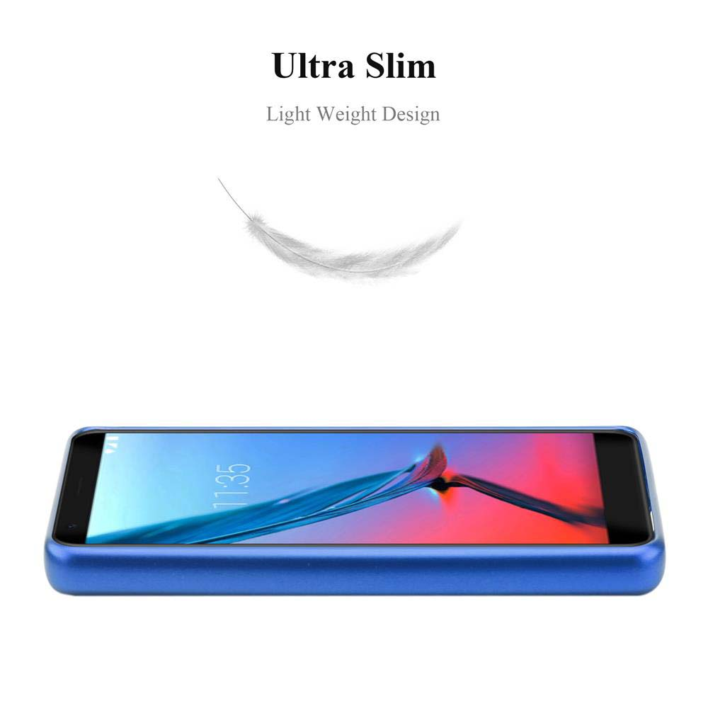 Ein blaues Telefon mit dunklem Bildschirm, Text 'Ultra Slim' und eine Federgrafik darüber. Weißer Hintergrund.