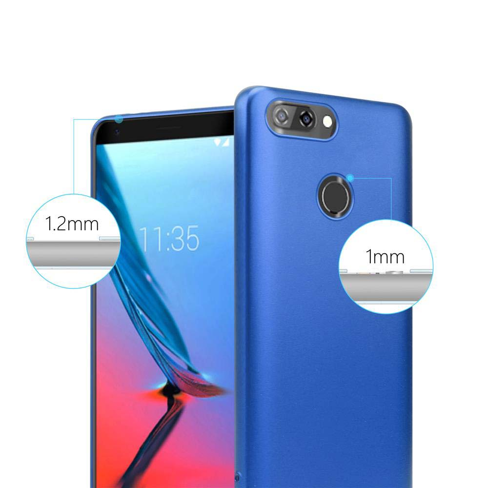 Blaue Handyhülle mit Telefon im Hintergrund. Text zeigt Gehäusestärke, 1 mm und 1,2 mm.