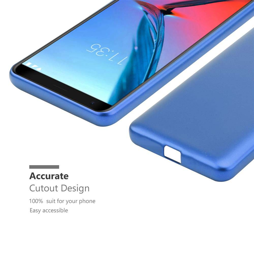 Blaue Handyhülle neben einem Telefon. Der Text lautet: präzises Ausschnittdesign.
