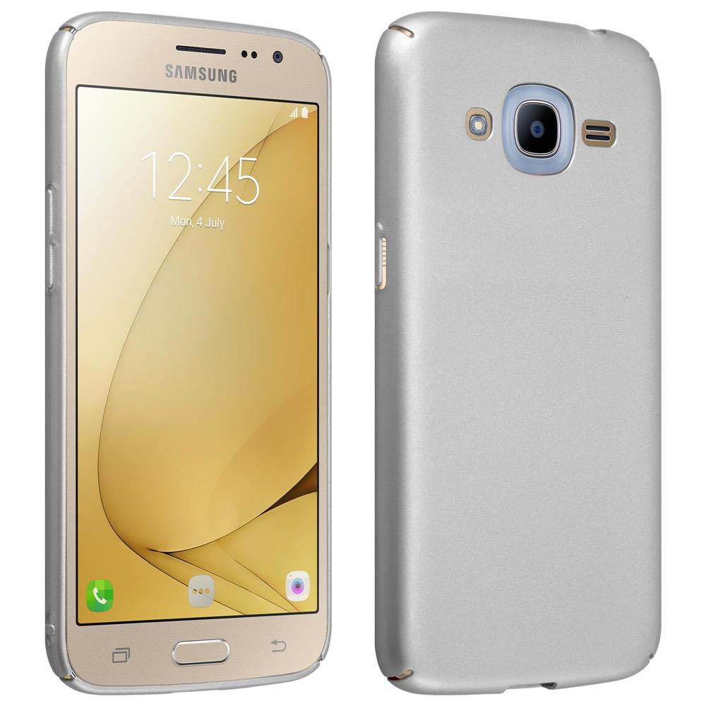Telefono Samsung dorato e una custodia grigia. Lo schermo mostra ora e data. Sfondo bianco.