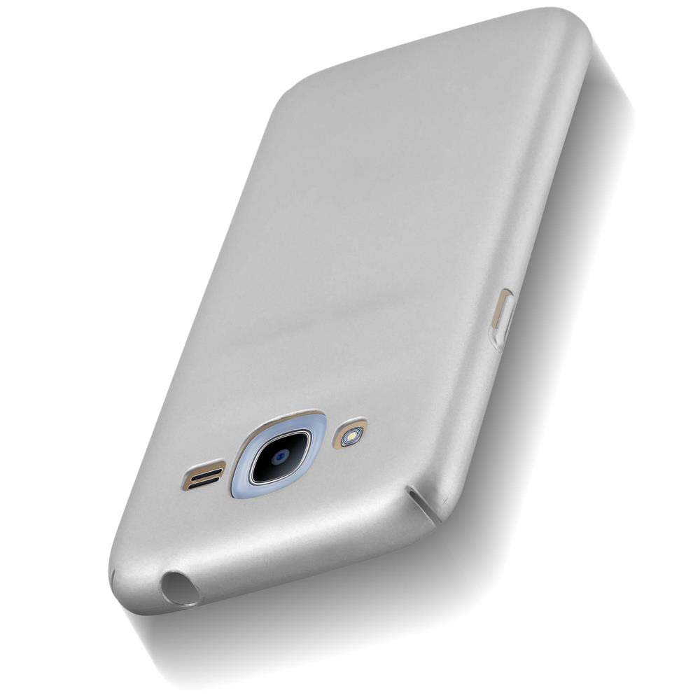 Custodia per telefono argentata, che mostra la fotocamera e le porte del telefono. Sfondo bianco.