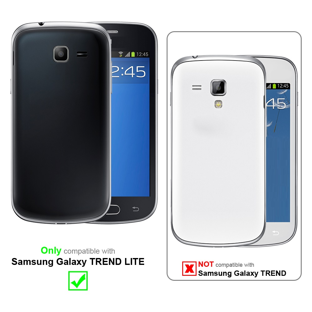 Dos teléfonos, uno negro y uno blanco, con aviso de compatibilidad de funda.