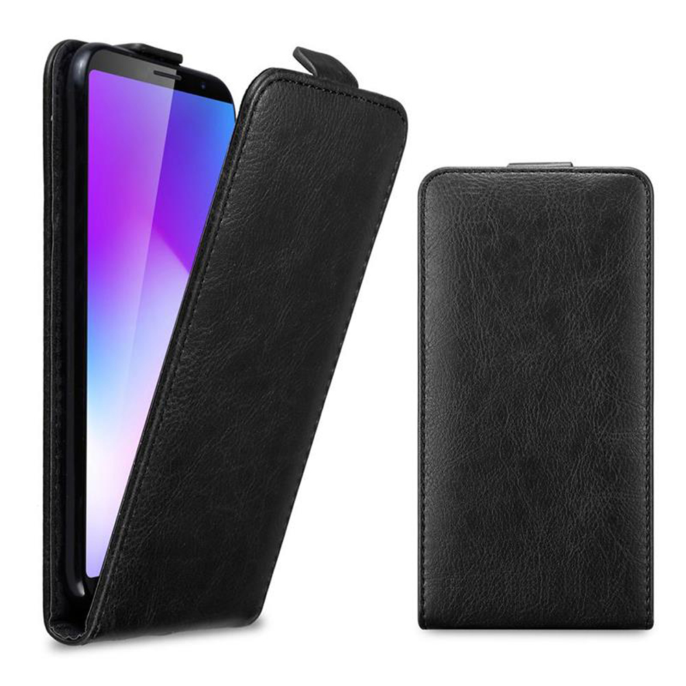 Eine schwarze Handyhülle, mit einem Telefon darin. Die Hülle ist offen und der Bildschirm sichtbar.
