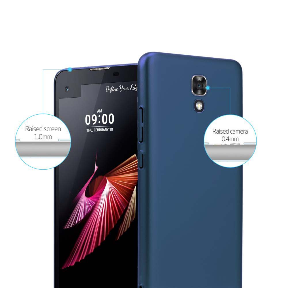 Blaue Handyhülle mit einem Telefon, mit Nahaufnahme der Telefon- und Gehäusenkanten.