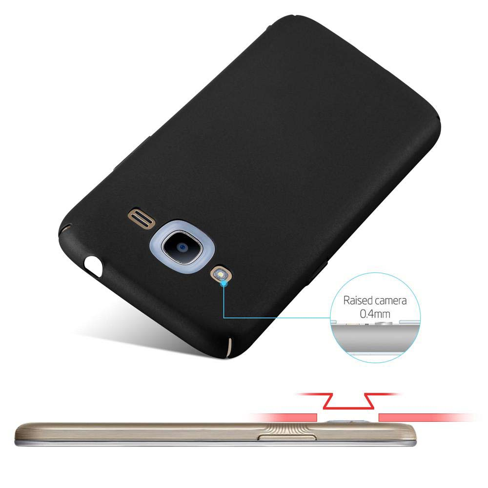Custodia nera del telefono vista da dietro, con l'obiettivo della fotocamera e un diagramma dell'obiettivo rialzato.
