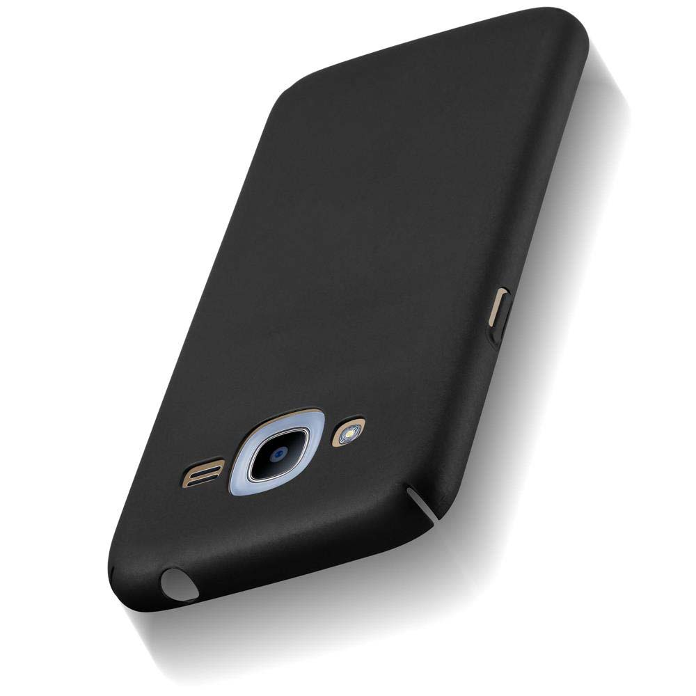 Custodia per telefono nera. La custodia ha un ritaglio per la fotocamera e un foro per l'altoparlante.