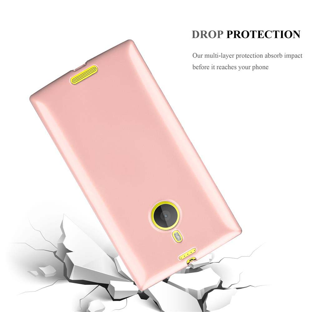 Custodia per telefono rosa in aria con sfondo bianco e pavimento incrinato sotto. Il testo dice 'DROP PROTECTION'.