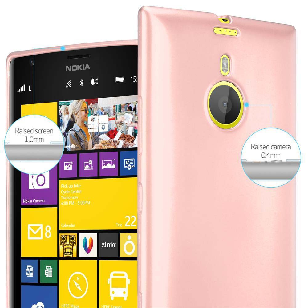 Un telefono rosa con una custodia. La custodia è rialzata attorno allo schermo e alla fotocamera, evidenziando la protezione dalle cadute.