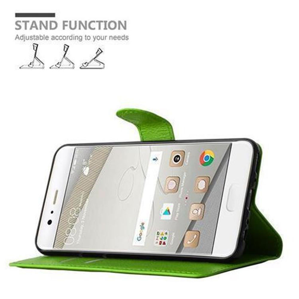 Custodia per telefono in pelle verde, aperta, che mostra un telefono appoggiato in posizione di supporto.