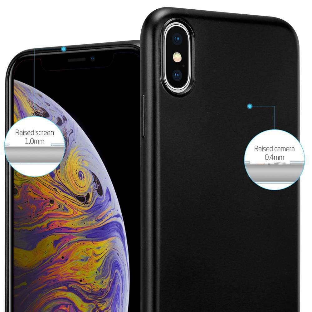 Un telefono nero con una custodia. La custodia presenta una protezione rialzata per schermo e fotocamera.