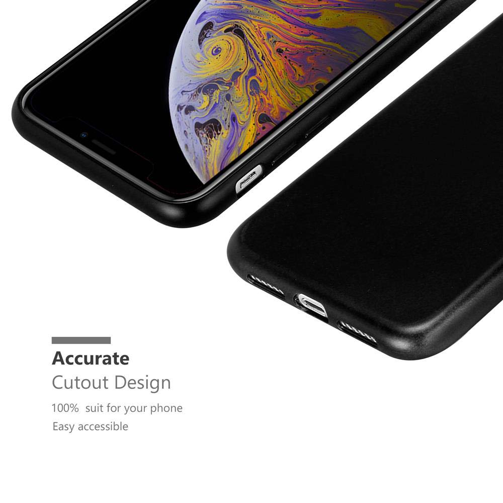 Custodia nera con telefono. Testo: 'Accurate Cutout Design'. Il telefono ha uno schermo.