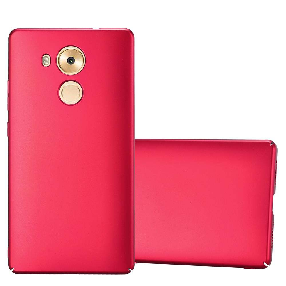 Funda roja para teléfono con recortes para cámara y botones. Una está sobre superficie blanca.