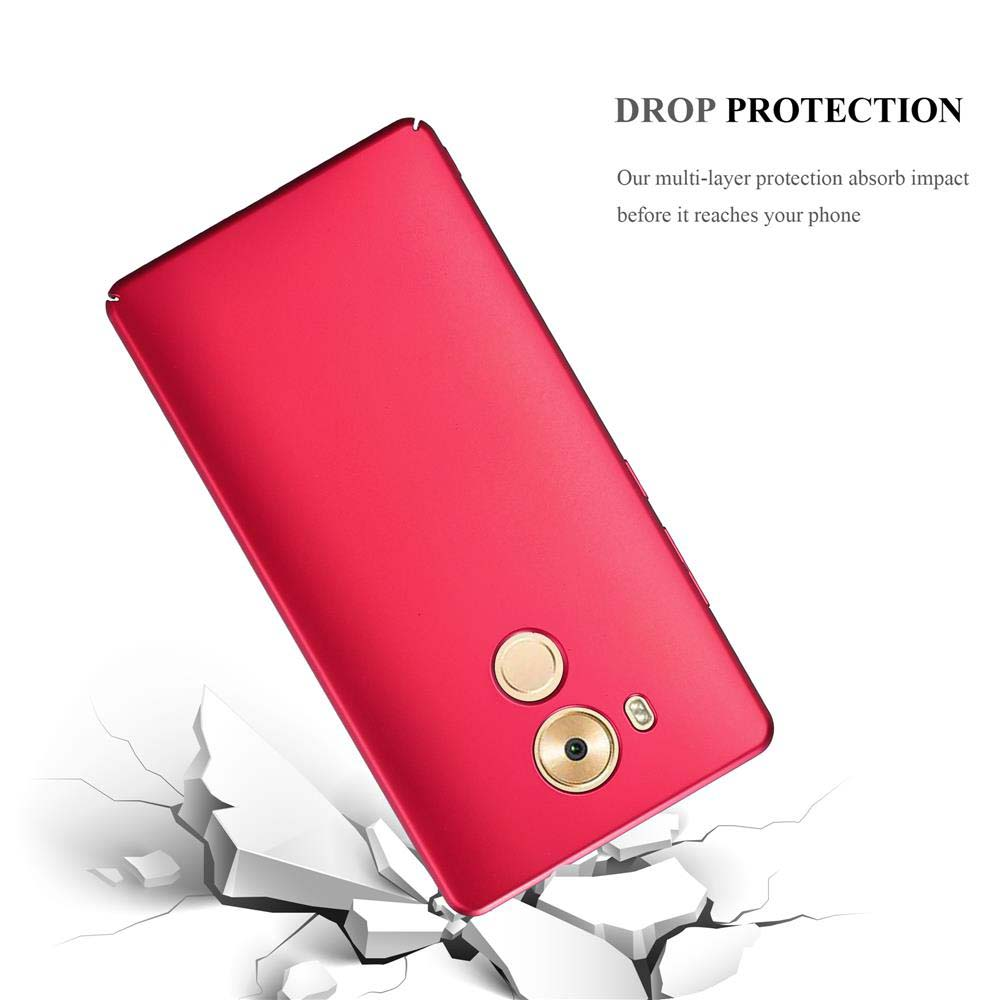 Una funda roja para teléfono está en ángulo, con un efecto de grieta. La funda está cayendo. La protección contra caídas es el tema.