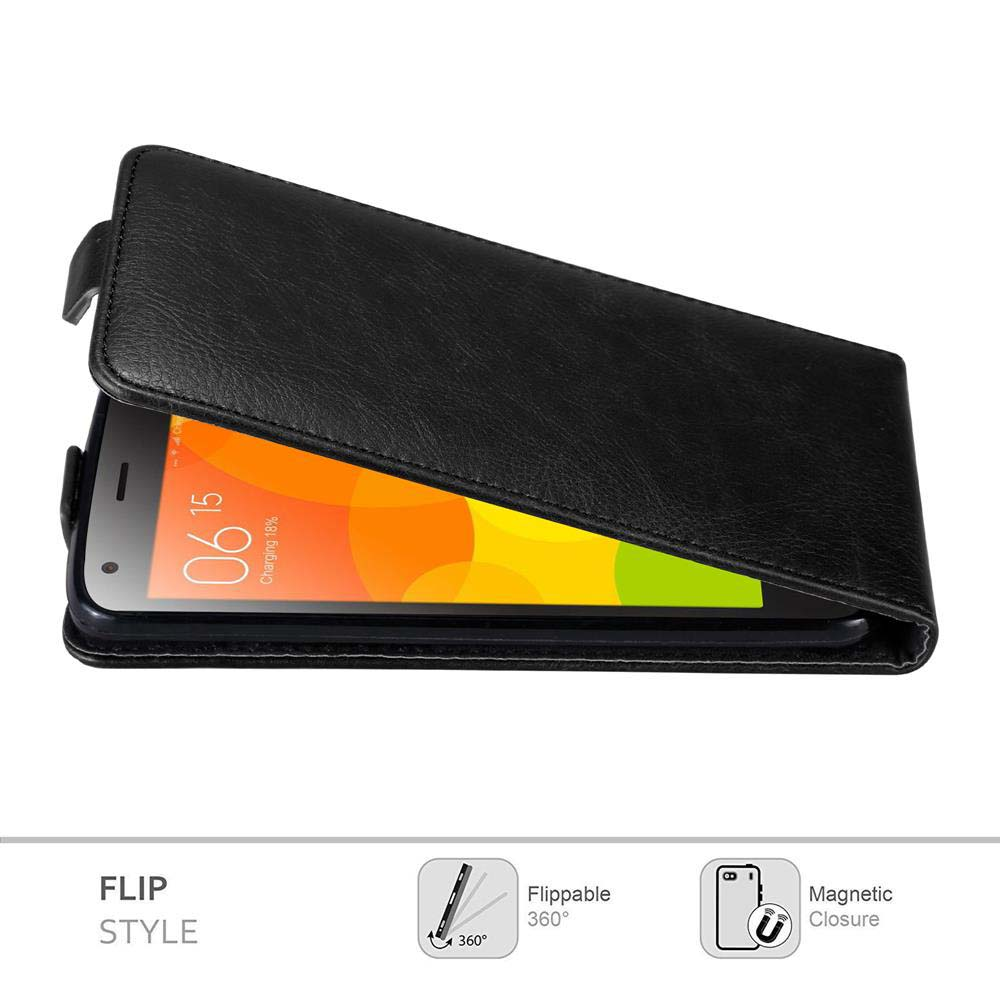 Custodia nera per telefono con telefono all'interno, aperta. Sfondo bianco con icona flip.