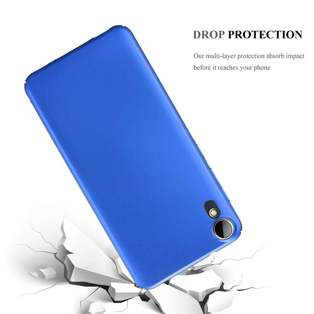 Una funda de teléfono azul cae y agrieta una superficie. El texto dice Protección contra caídas.