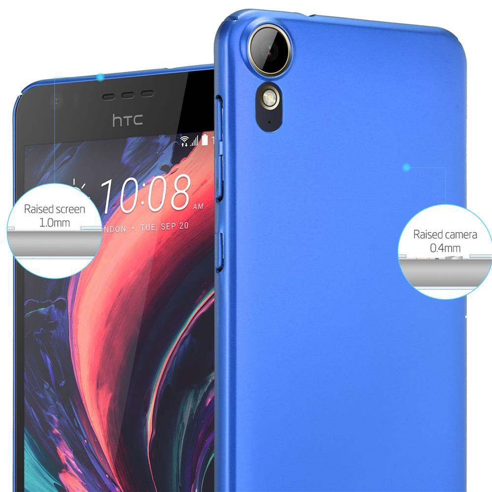 Funda azul para teléfono con un teléfono, con un primer plano de los bordes del teléfono y la funda.