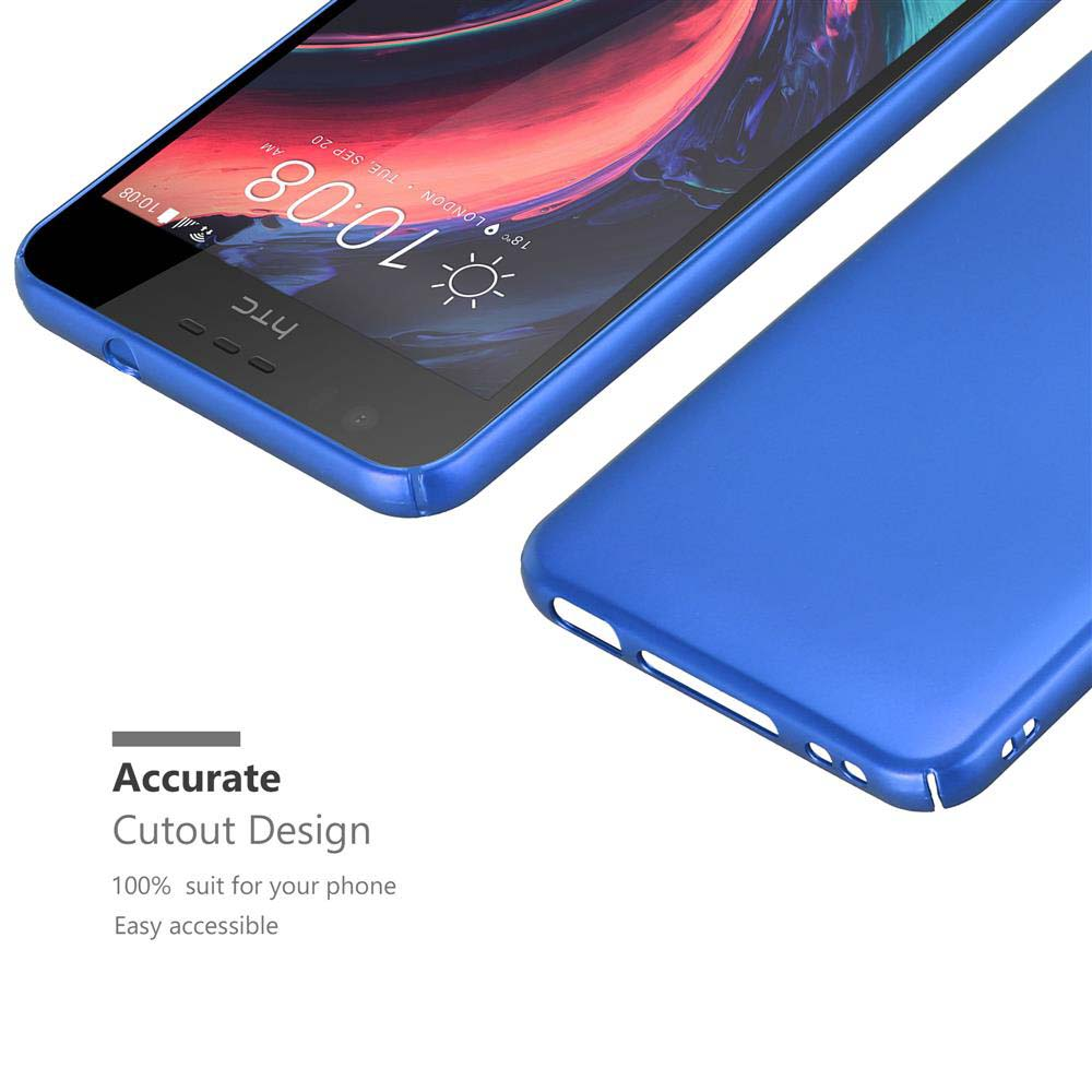 Funda azul con un teléfono. Texto: 'Accurate Cutout Design'. El teléfono es azul.
