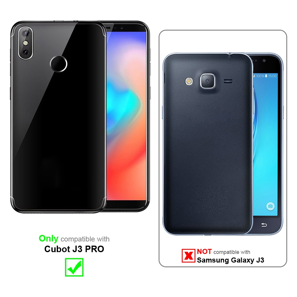 Custodia per telefono nera e telefono. Compatibile solo con Cubot J3 Pro. Non con Samsung Galaxy J3.