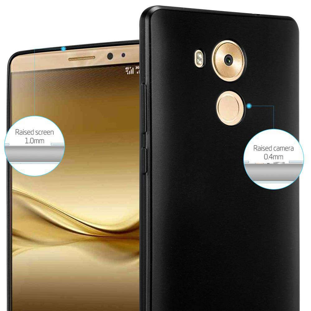 Teléfono negro con pantalla y cámara elevadas. Anotaciones resaltan características.