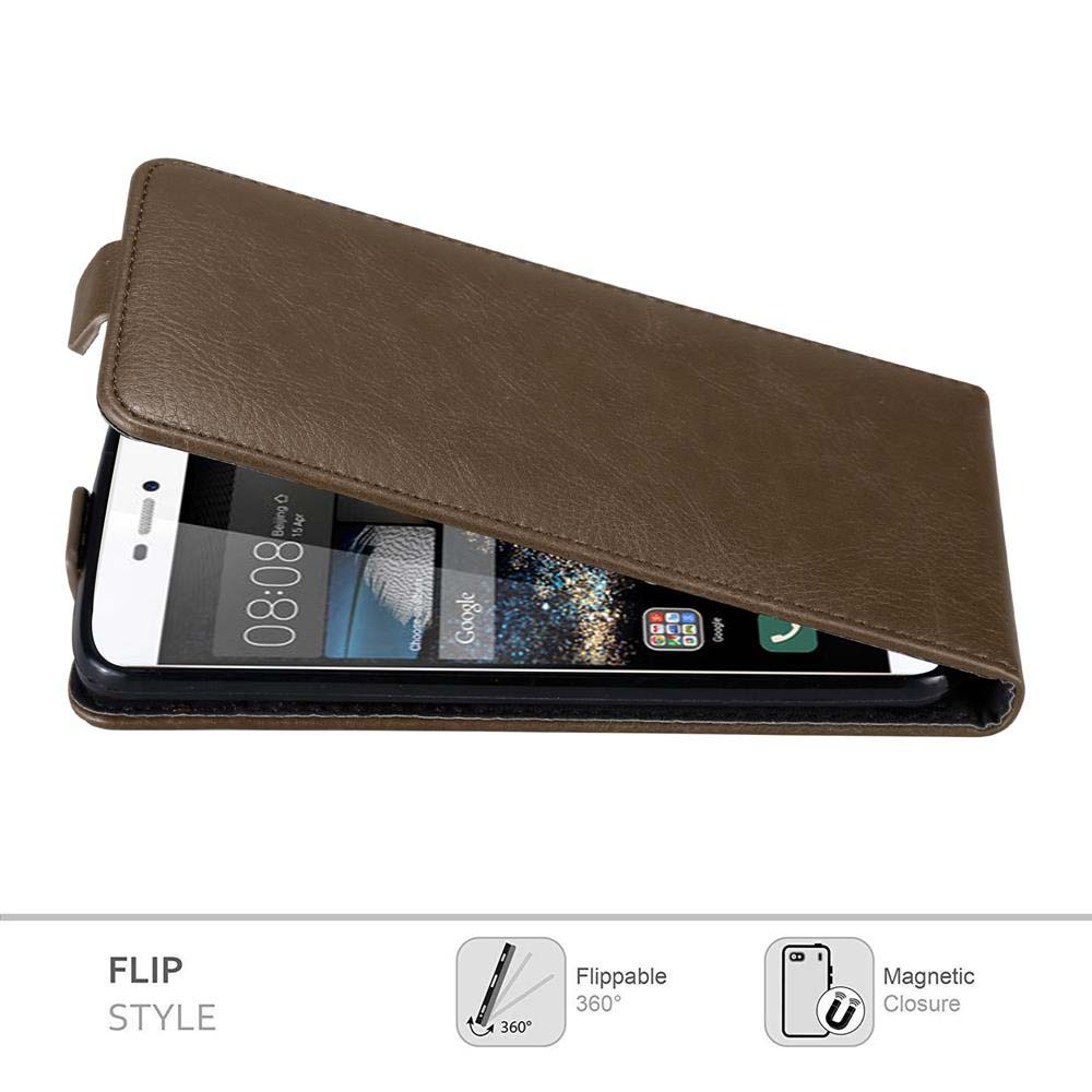 Funda de teléfono de cuero marrón abierta con un teléfono dentro, mostrando la pantalla.