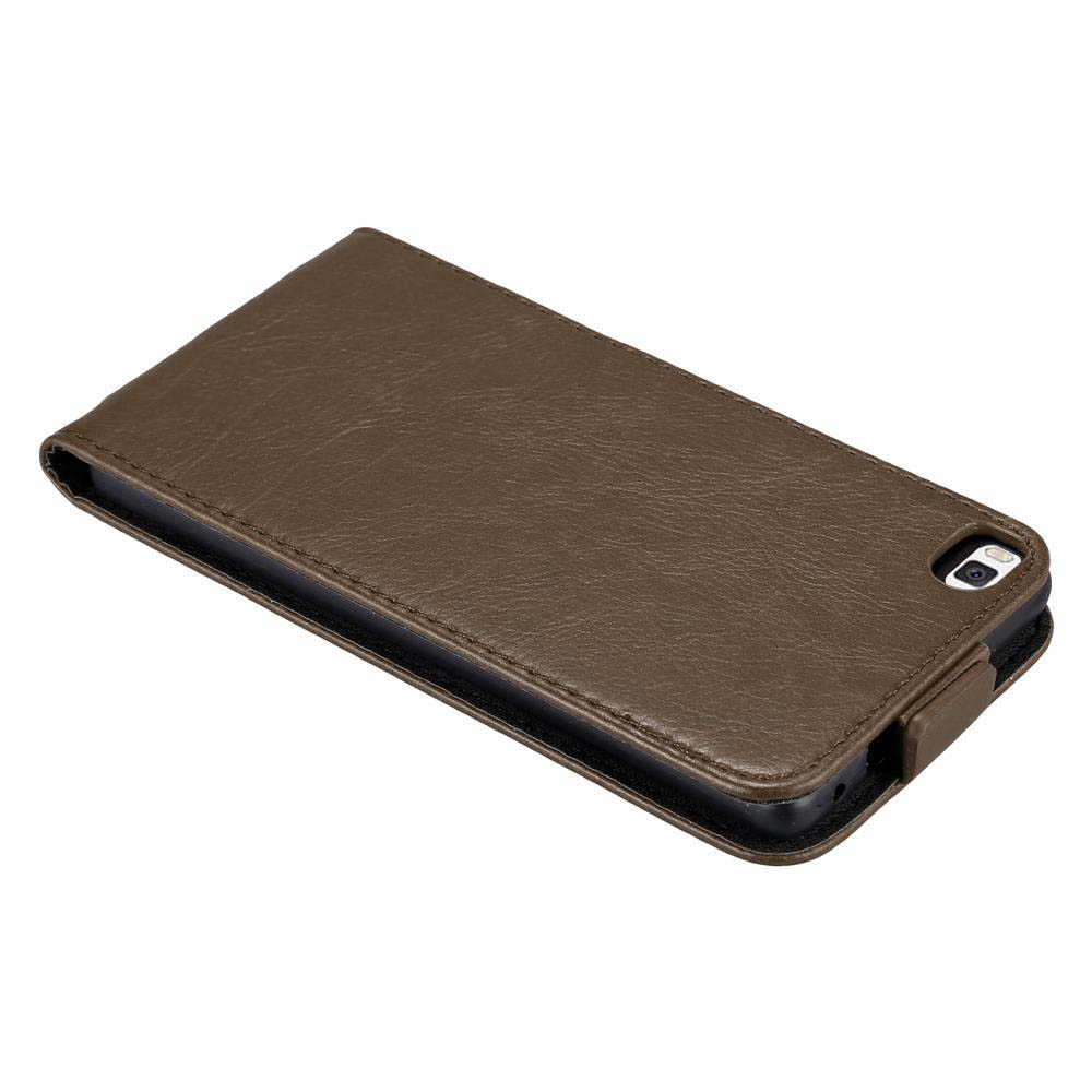 Funda de teléfono de cuero marrón, cerrada. Se ve una vista de la parte trasera del teléfono.