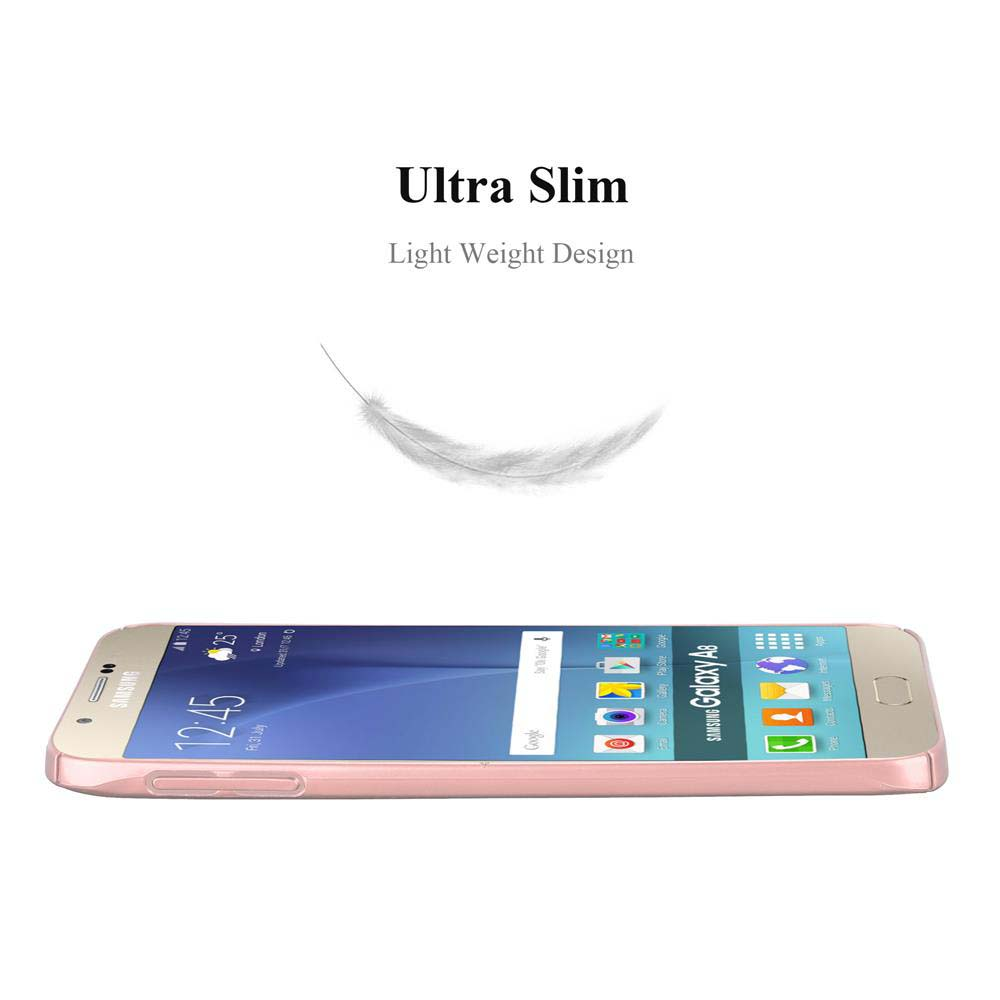 Un telefono poggia su una superficie. Una piuma fluttua sopra. Testo: Ultra Slim, Design leggero.
