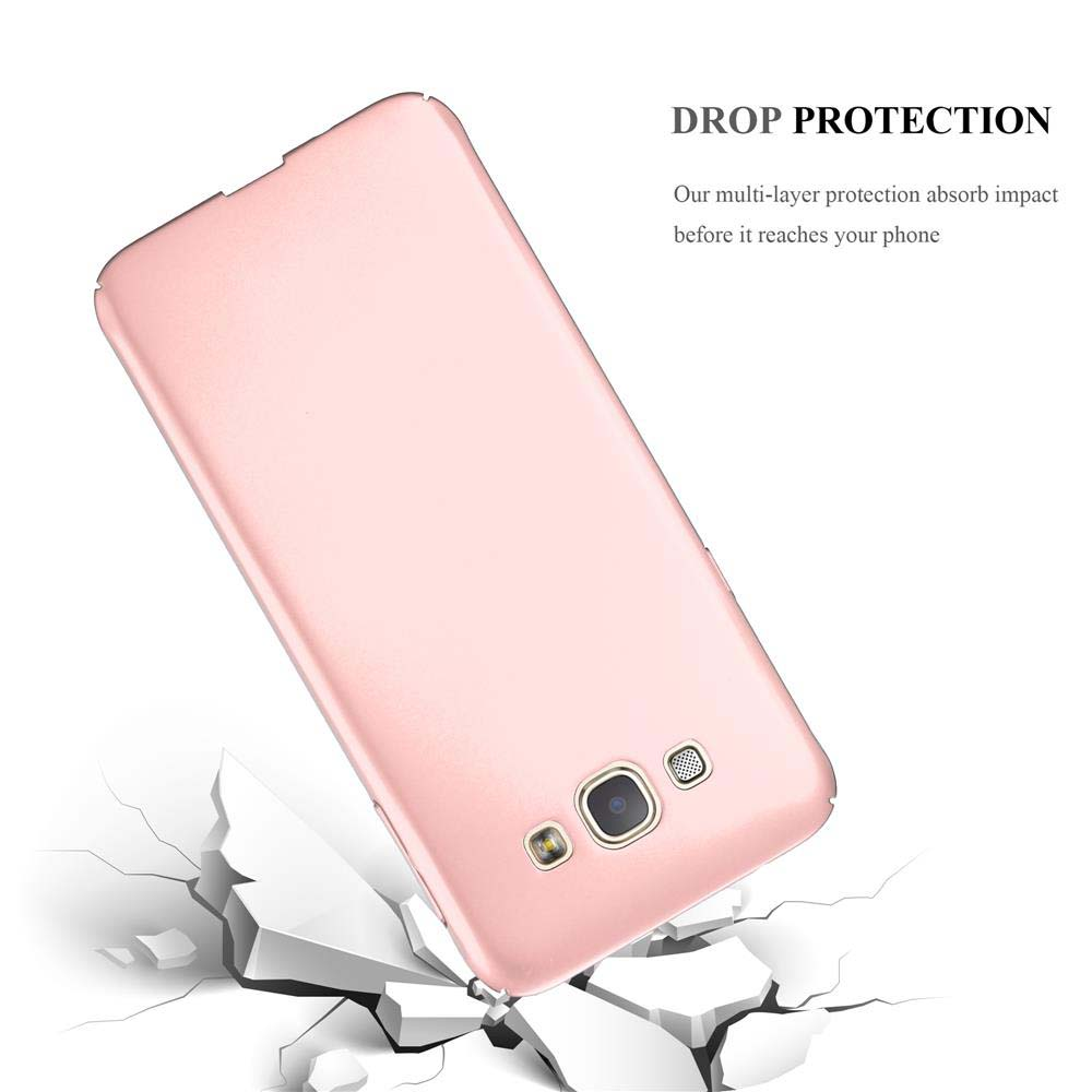 Custodia per telefono rosa, leggermente angolata, con crepe da impatto. Testo "Drop Protection" visibile.