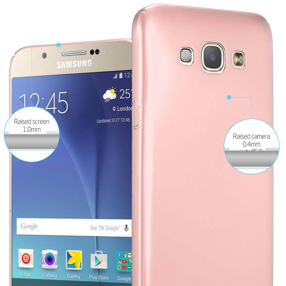 Una custodia rosa per telefono con un telefono all'interno, con etichette che indicano lo schermo e la fotocamera.
