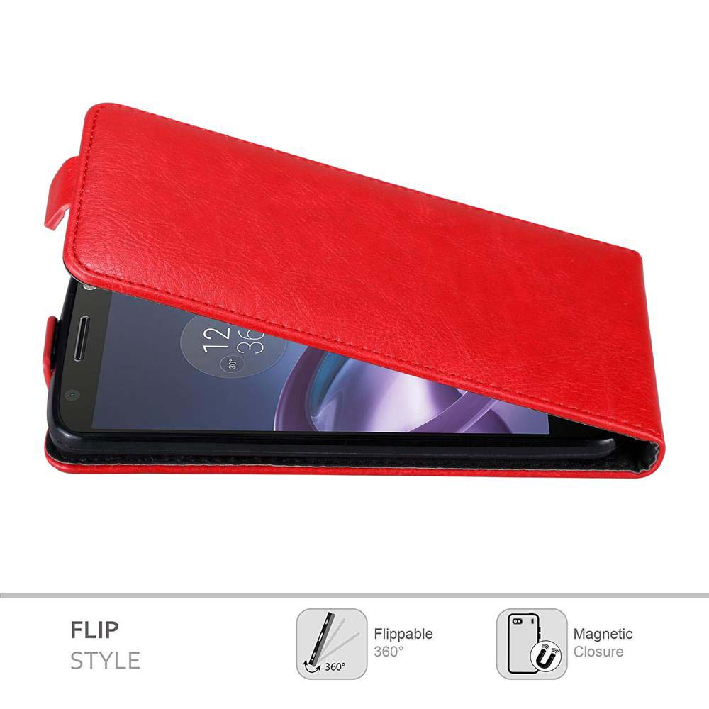 Custodia per telefono rossa aperta, che rivela un telefono nero. Il testo dice 'Flip Style' e caratteristiche.