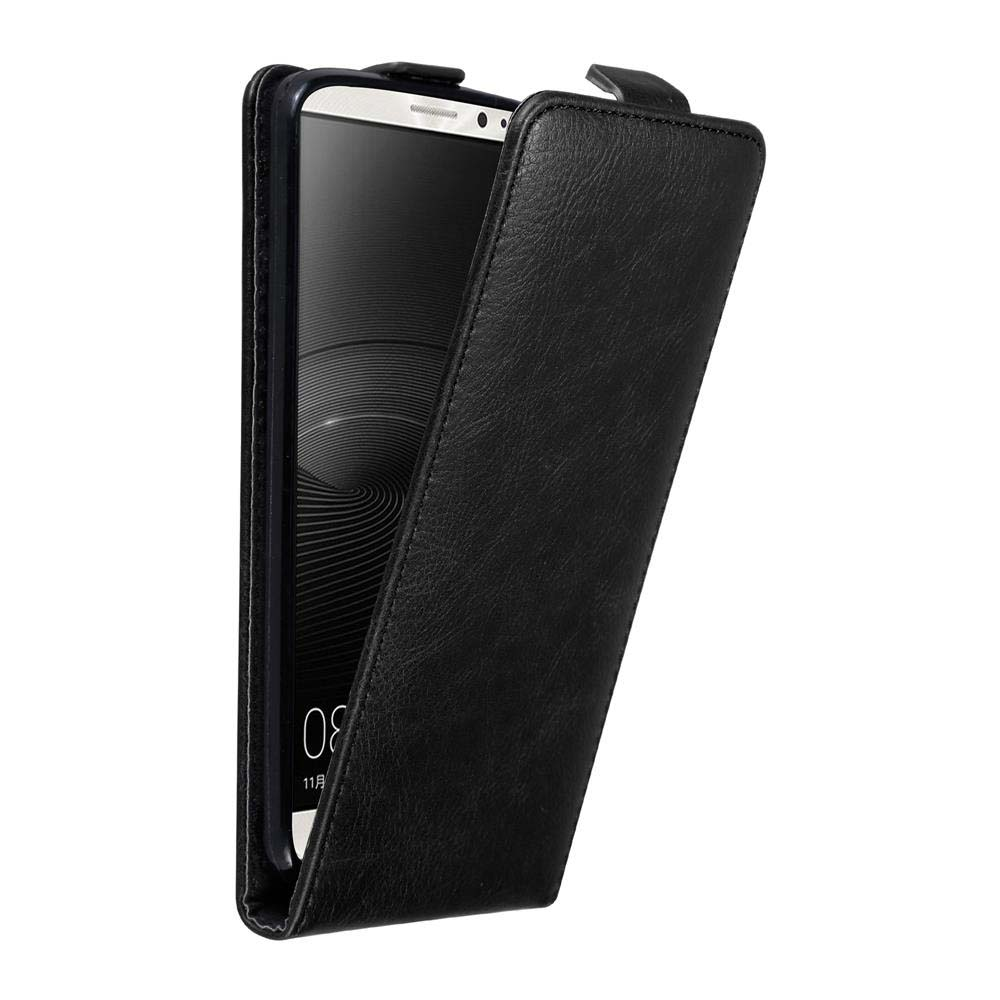 Funda negra de teléfono, abierta, revelando el teléfono. El teléfono muestra la hora.