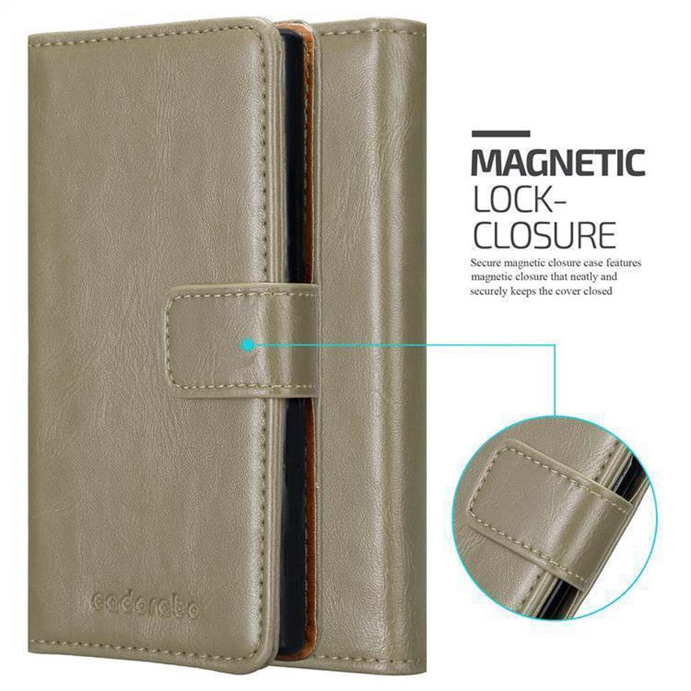Una custodia per telefono color cachi è mostrata chiusa, con una chiusura magnetica e una piccola immagine che mostra i dettagli della chiusura.