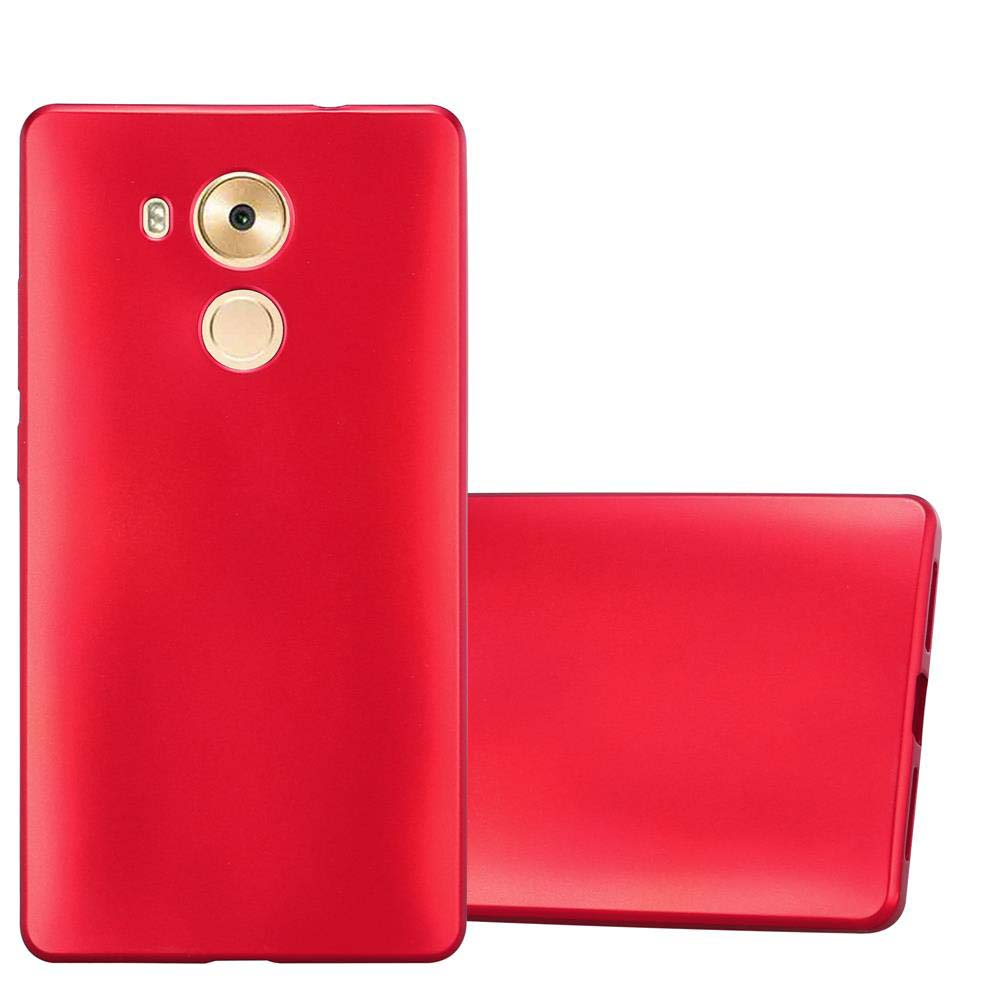 Dos fundas rojas para teléfono. Una está en un teléfono, la otra está plana. Se ve una cámara y un botón.