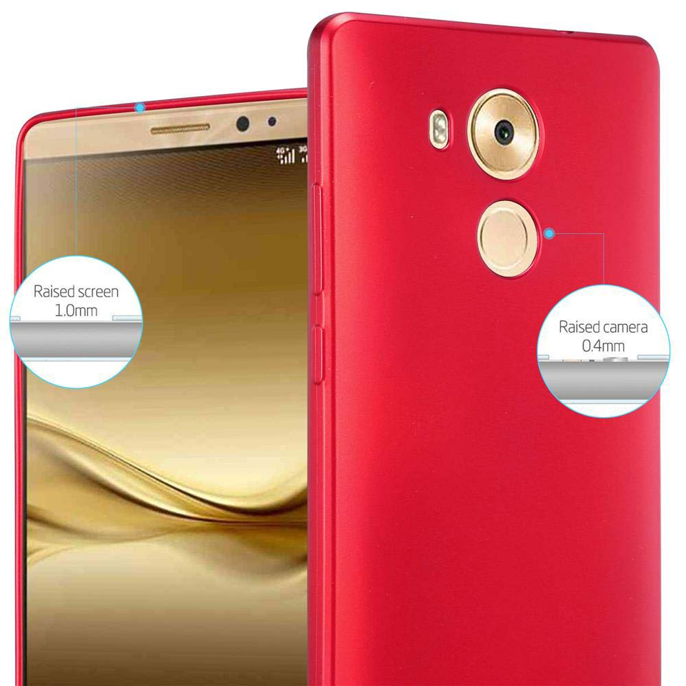 Funda de teléfono roja con detalles de pantalla y cámara elevados. Texto: Pantalla/cámara elevada.