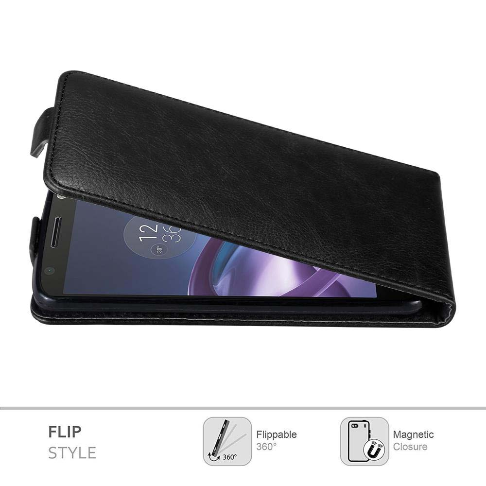 Custodia per telefono in pelle nera, aperta per rivelare un telefono. Testo: Flip Style, girevole a 360°, chiusura magnetica.