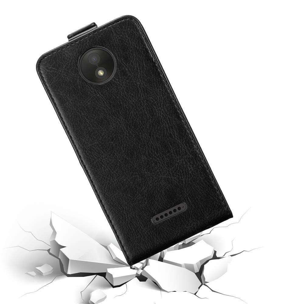 Custodia nera con telefono all'interno. La custodia è aperta, mostrando il telefono e una superficie rotta.