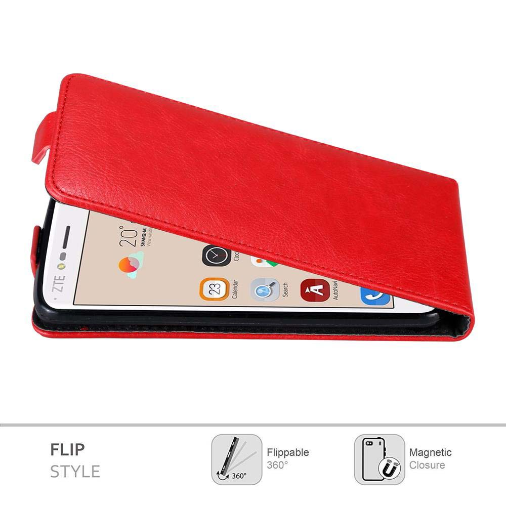 Eine rote Handy-Klapphülle ist geöffnet und zeigt den Telefonbildschirm. Symbole und ein Kalender sind sichtbar.