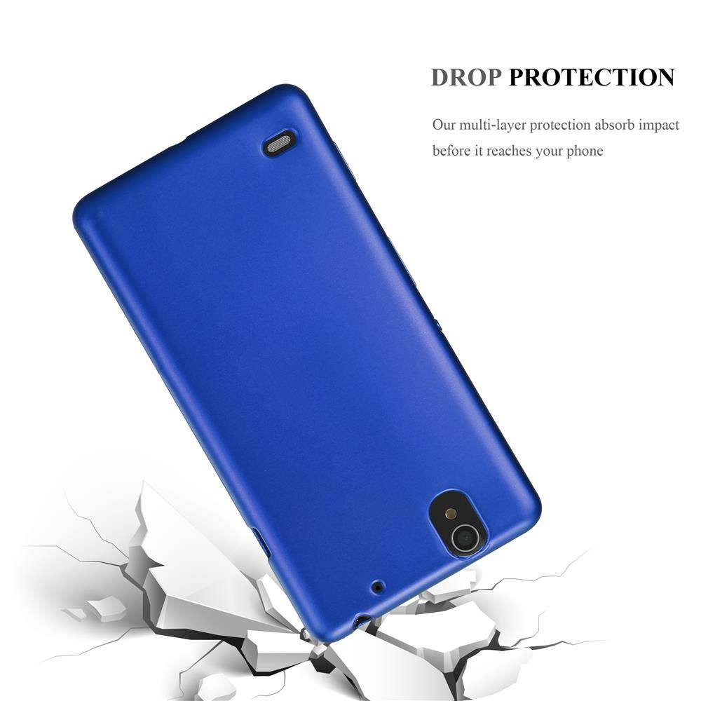 Funda de teléfono azul sobre suelo agrietado. El texto dice 'DROP PROTECTION'.