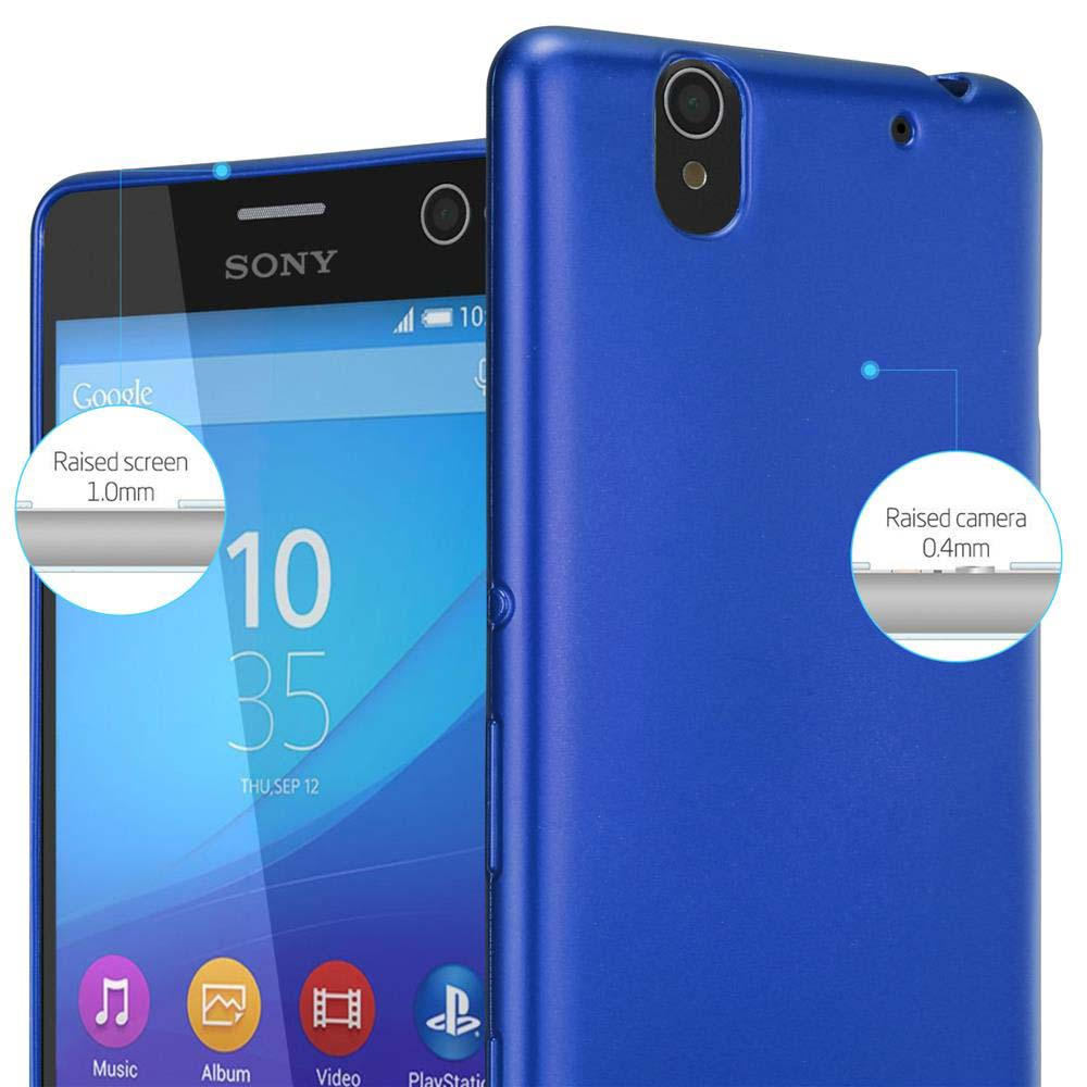 Teléfono azul en una funda azul. La pantalla muestra la hora e iconos. Tiene un logotipo de Sony.