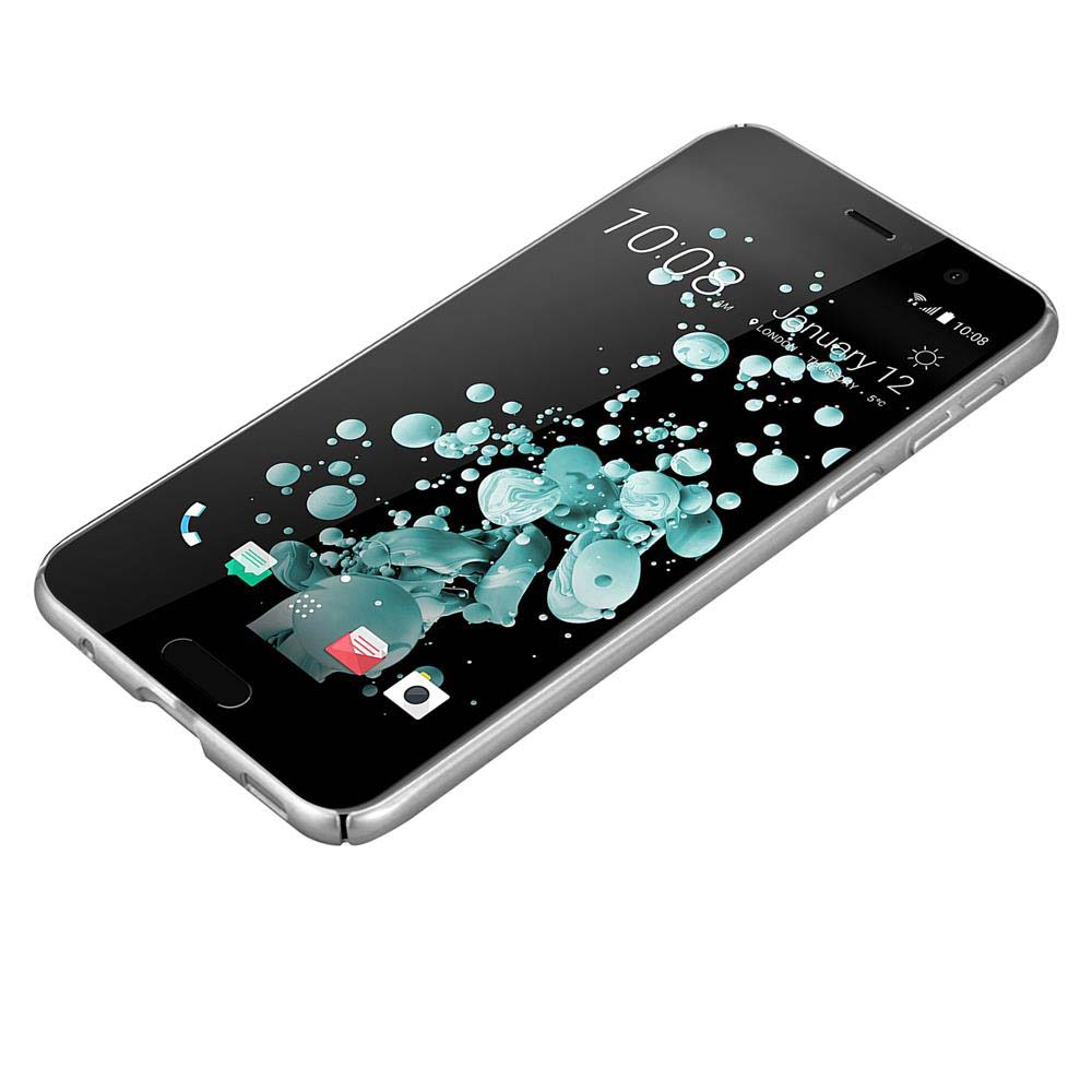 Ein schwarzes Telefon mit silbernem Rahmen, das die Uhrzeit und einen Startbildschirm zeigt.