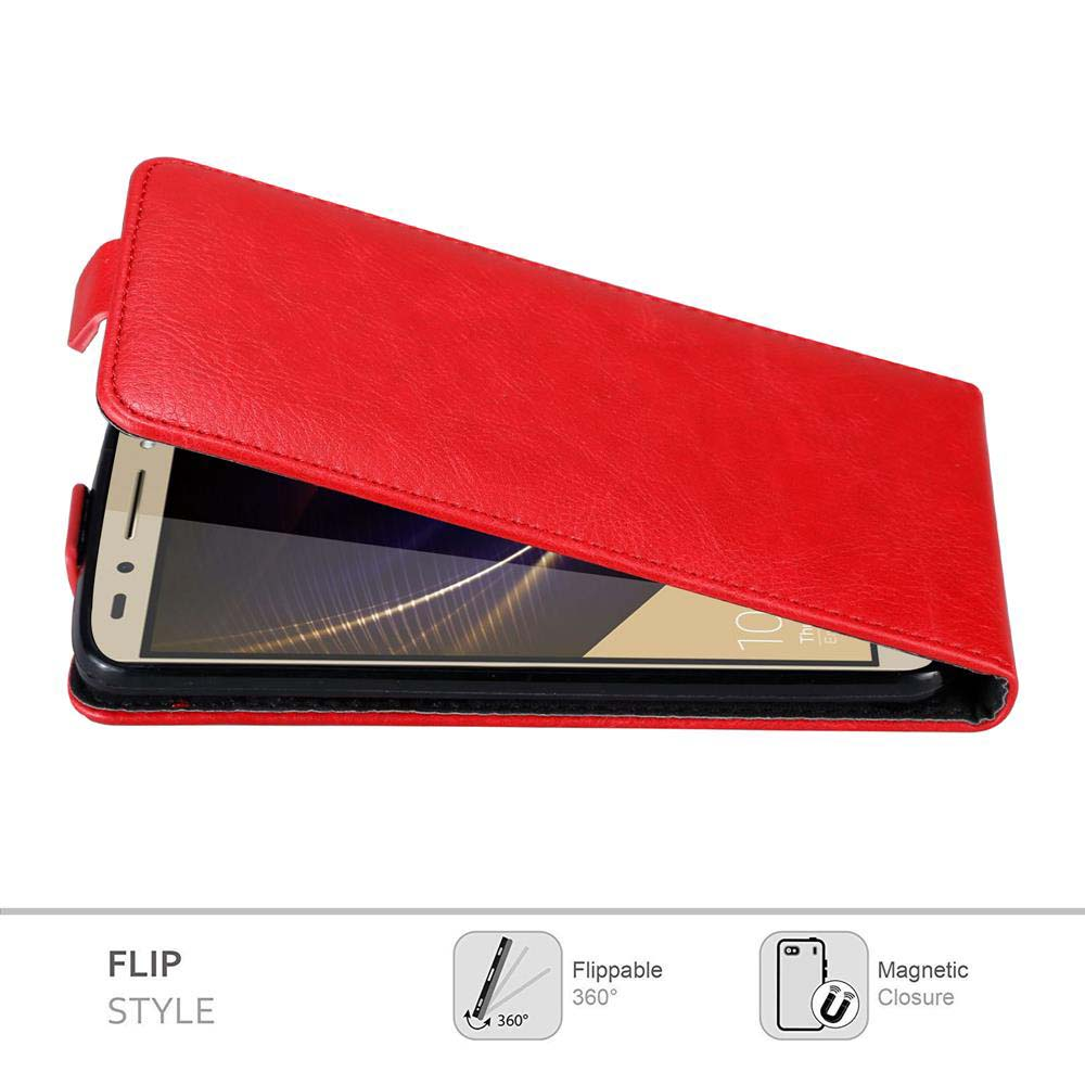 Custodia rossa con telefono all'interno, che mostra un design a libro con chiusura magnetica.