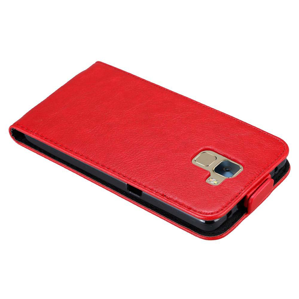 Custodia rossa per telefono che mostra un telefono. Custodia aperta, rivelando il telefono. Bordo cucito.