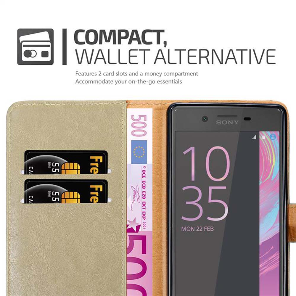 Handy-Geldbörsenhülle offen mit Telefon, Karten und Geld. Text: Compact, Wallet Alternative.