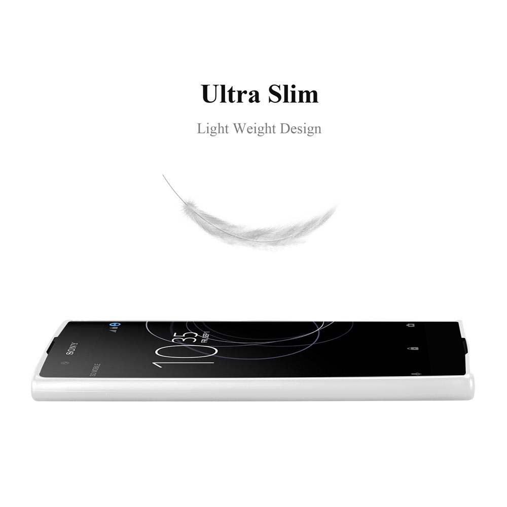 Weißes schlankes Telefongehäuse mit einer schwebenden Feder. Text: Ultra Slim, Light Weight Design.
