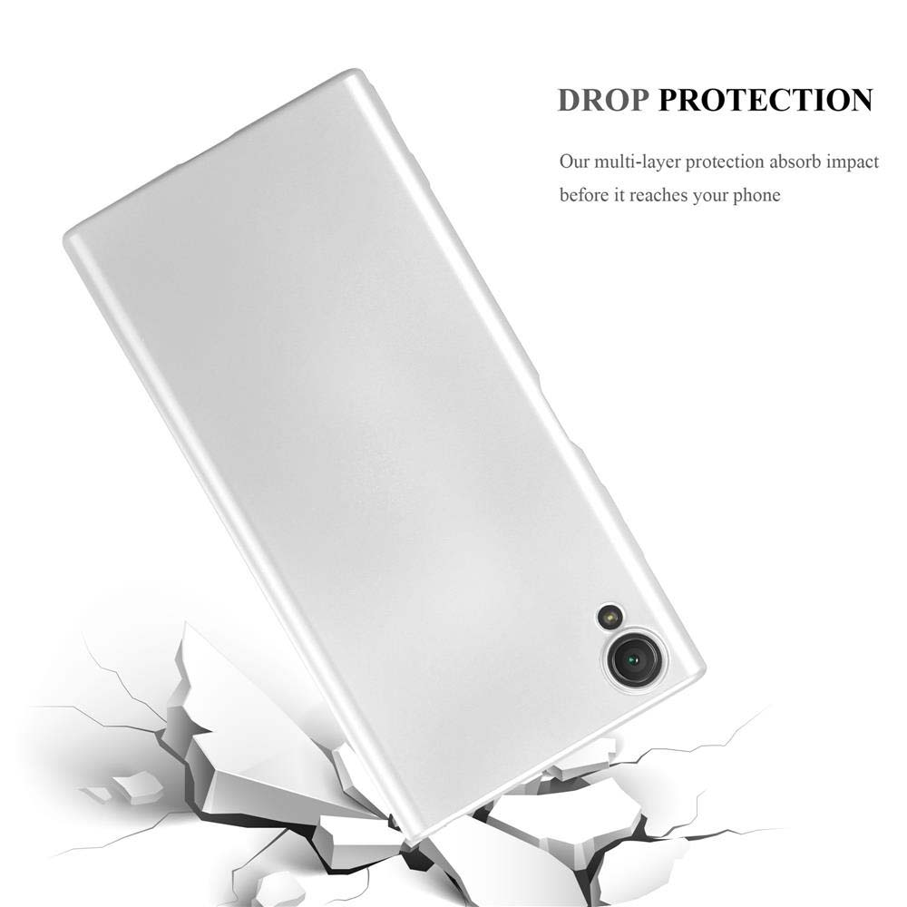 Weiße Handyhülle in der Luft mit weißem Hintergrund und zerbrochenem Boden darunter. Der Text lautet 'DROP PROTECTION'.