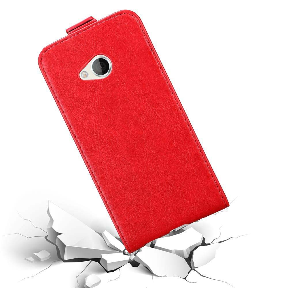 Eine rote Handyhülle, die ein Telefon mit Kameraöffnung zeigt, und Risse auf einer weißen Oberfläche.